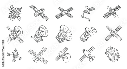 Diverse collection of outline satellite and communication dish drawings for technologyrelated projects, scientific presentations, or educational materials requiring space exploration themes.