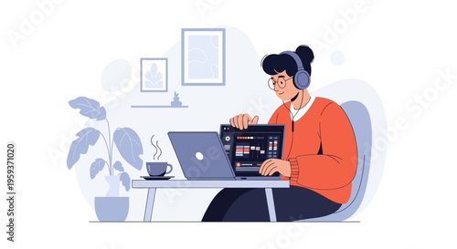 Young adult with headphones working on a laptop at home office desk, illustration of remote work and digital nomad lifestyle