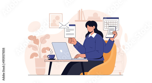 Multitasking woman working on laptop, managing tasks and calendar for productivity and time management