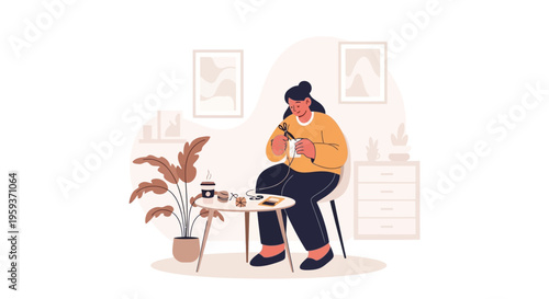 Dedicated Young Woman Immersed in Creative Craft Project at Home, Skillfully Crafting and Enjoying Her Handmade Hobby in a Cozy Indoor Setting