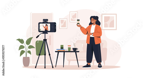Female influencer recording a product review video with a smartphone, presenting a new item to her followers for engaging social media content