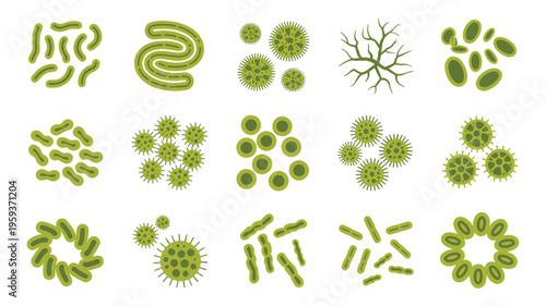 Green bacteria icon set abstract microbe shapes collection isolated vector