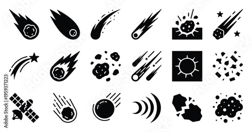 Collection of space and astronomy glyphs featuring meteors, comets, asteroids, shooting stars, and a satellite for educational resources or digital interface applications