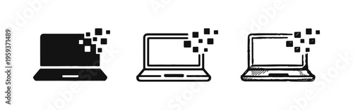 Data Migration and Digital Transformation Laptop Icon Set - Filled, Outline, and Doodle Style
