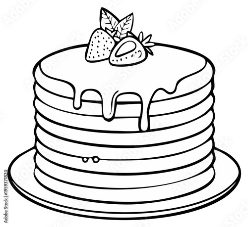 Stack of pancakes with dripping glaze and strawberries, black and white line art illustration.