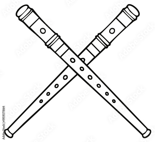 Crossed Flutes Line Art: Two Wind Instruments with Holes - Music Education, Folk Instruments, Orchestra, Black and White
