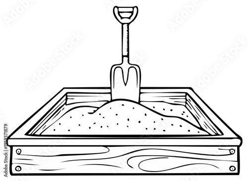 Sandbox with a shovel and pile of sand, simple line drawing illustration