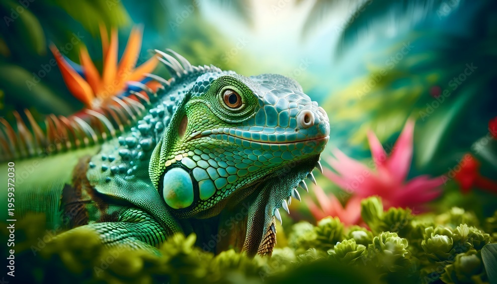 Obraz premium Closeup of a green iguana in a lush tropical environment with vibrant plants lizard