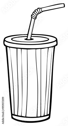 Monochrome paper cup with straw isolated, refreshing cold drink in disposable container, line art illustration for menus or recipe books.