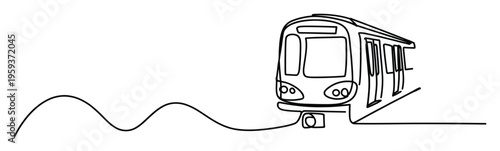 Continuous line drawing of a modern subway train or metro approaching on a dynamic track, suitable for transportation industry visuals, urban mobility presentations, or public transit