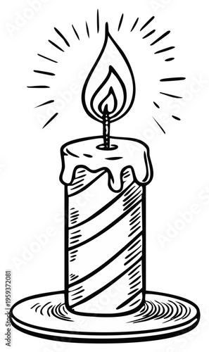 Hand Drawn Candle Illustration with Flame and Dripping Wax, Lit Candle Drawing, Decorative Candle with Stripes for Crafts and Decorations