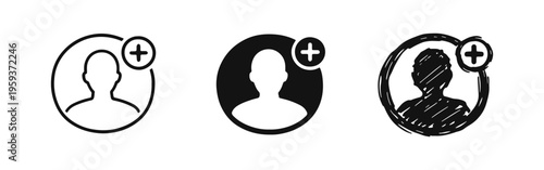 Add User Icon Set - Outline, Solid, and Hand-Drawn Styles for New Account and Profile Creation