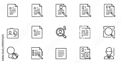 A collection of 14 line icons related to resumes and job applications