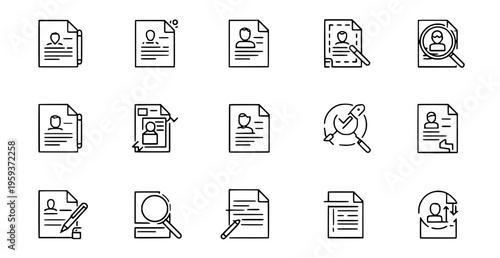 Collection of line icons depicting document and profile management