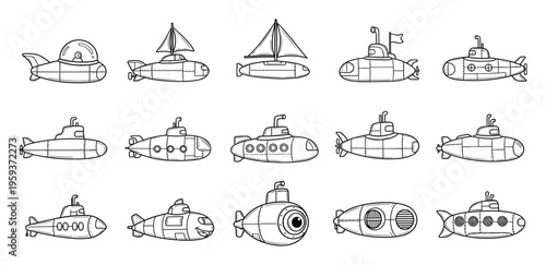 A playful collection of diverse submarine line art drawings ideal for childrens educational content, graphic applications, and ocean exploration themes.