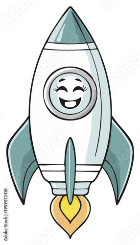 Rocket ship blasting off with smile, happy cartoon spaceship, kids illustration, cosmic flight, vector illustration