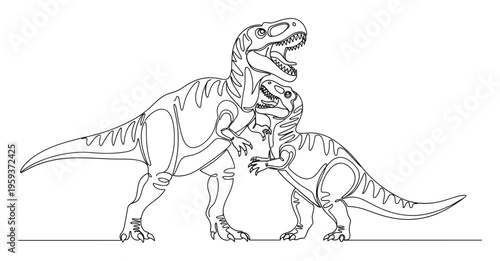 Dynamic continuous line drawing depicting two powerful predatory dinosaurs, an adult and a juvenile, with roaring mouths, ideal for educational materials or childrens themed projects.