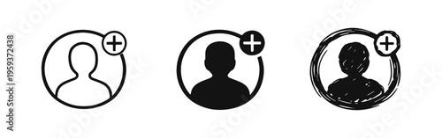 Add User Icon Set - Outline, Solid, and Hand-Drawn Styles for New Account and Profile Creation