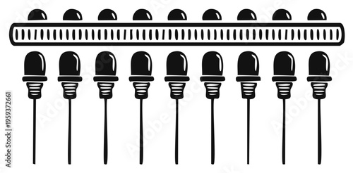 Array of switches and lights in a line, control panel vector graphic