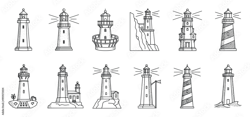 Naklejka premium A collection of various handdrawn lighthouse outlines symbolizing maritime navigation, safety, and coastal travel, suitable for oceanthemed projects and waterside security graphics.