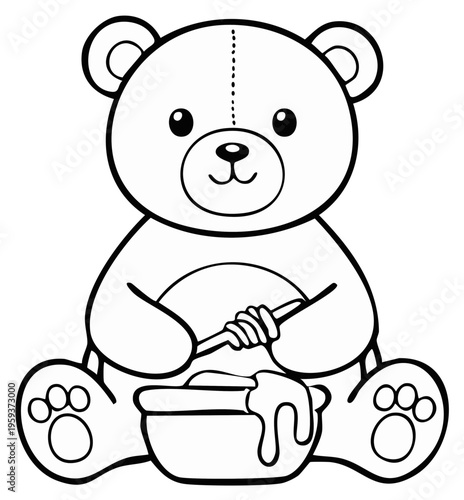 Cute cartoon bear character happily dipping honey stick into pot with dripping honey