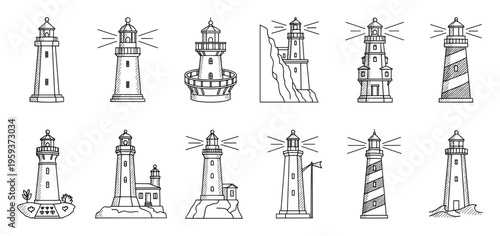 A collection of various handdrawn lighthouse outlines symbolizing maritime navigation, safety, and coastal travel, suitable for oceanthemed projects and waterside security graphics.