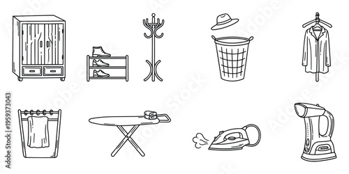 Versatile collection of essential household organization and clothing care line icons, including storage solutions, laundry tools, and garment maintenance equipment, suitable for modern