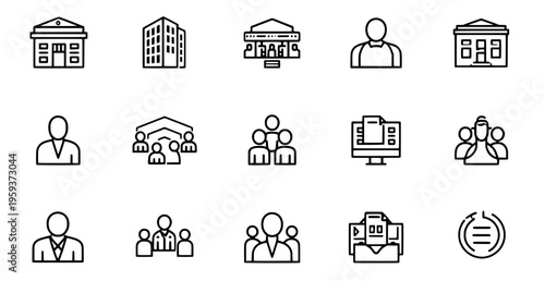 Collection of black and white line icons depicting people and buildings