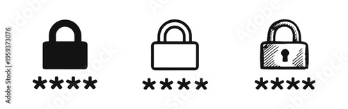 Password Icon Set - Outline, Solid, and Hand-Drawn Styles with Padlock and Asterisks for Security and Login