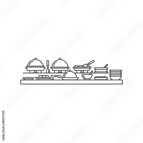 Minimalist Illustration of Buffet Serving Station with Food and Utensils