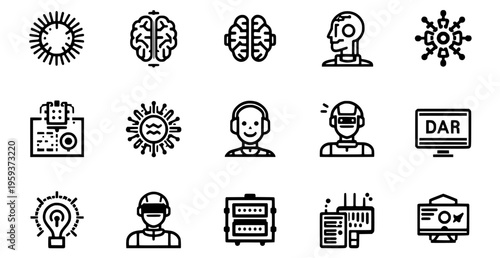 Collection of black and white icons representing artificial intelligence and technology concepts