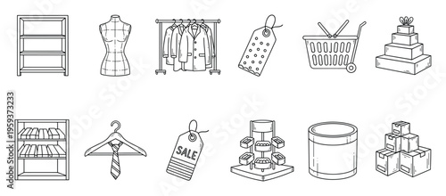 Collection of hand drawn line art retail and shopping icons including shelves, clothing display, price tags, and carts for commercial business concepts