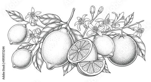 Vintage style botanical drawing of fresh ripe lemons and delicate citrus blossoms with lush leaves, ideal for organic food packaging and refreshing beverage labels.