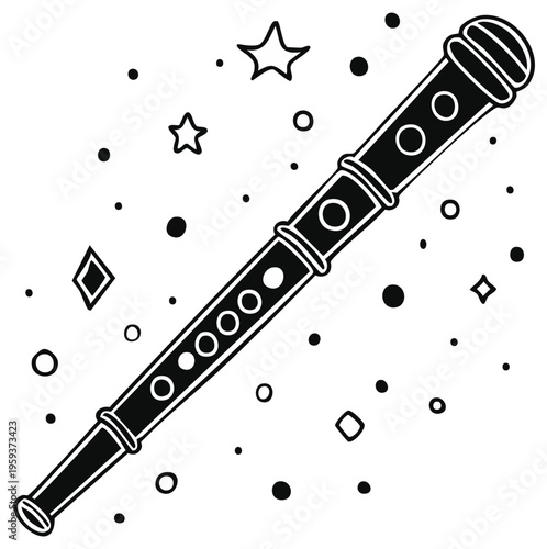 Illustration of a wooden flute with decorative stars and circles in a minimalist style