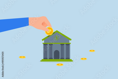 Financial services offered by investment bank include investment advice, businessman placing a dollar coin on the investment bank
