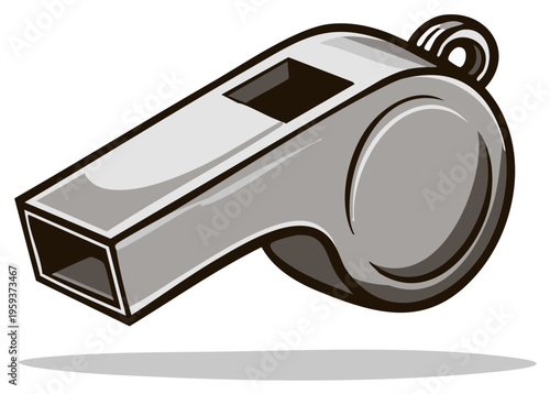 Illustration of a metal whistle with detailed shading and shadows.