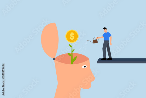 Financial mindset for investor to growing profit, Entrepreneur using cash from person head to water plant