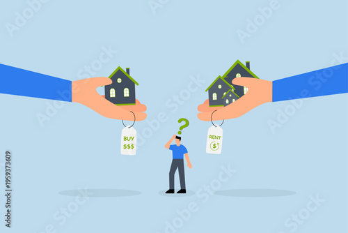 House buy or rent, Businessman is uncertain whether to purchase or lease a home