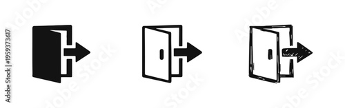 Logout or exit icon set, depicting a door with an arrow in solid, outline, and hand-drawn styles