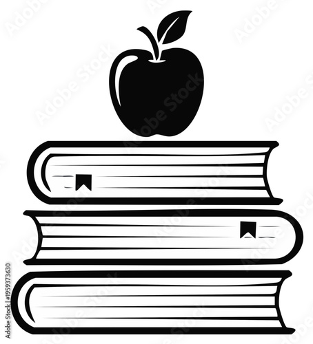 Clean graphic illustration of a fresh apple on a stack of three books with visible bookmarks