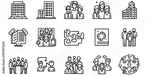 Black and white line icons depicting business and teamwork concepts
