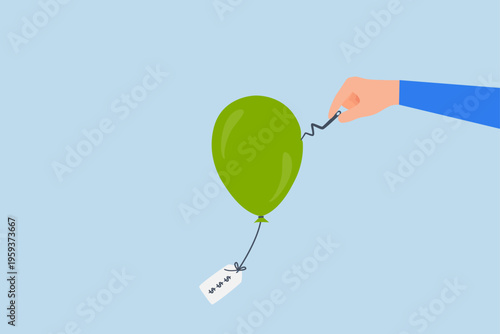 Reduce inflation by increase interest rate, Entrepreneur using needle to pop a balloon representing inflation with a price tag attached