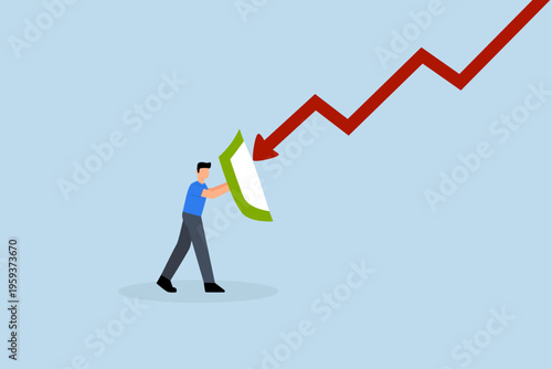 Fight with inflation or economic recession, Businessman holding a shield to defend himself from a red arrow, as investor