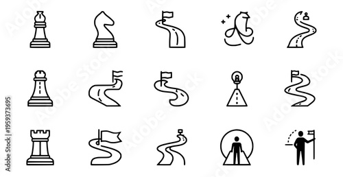 Chess pieces and path icons with flags and people