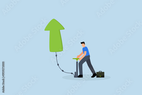 Growing business, Businessman is inflating an air pump to make green arrow float upwards
