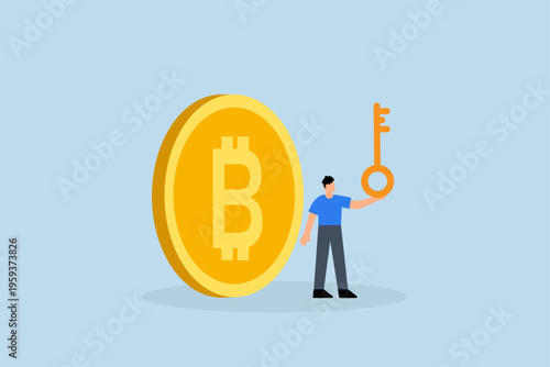 Private key to store Bitcoin, businessman financier possessing private key with Bitcoin