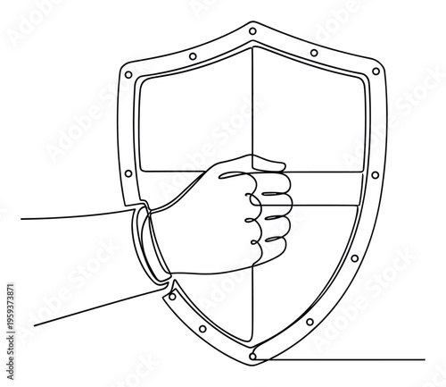 A continuous line drawing of a strong hand firmly holding a protective shield, symbolizing security, defense, and power for various applications like business branding or personal safety