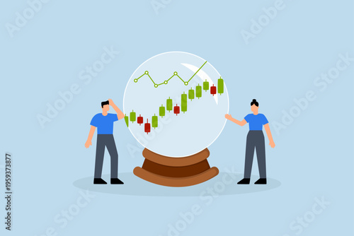 prediction, Business professionals examine chart of the future market for the magic sphere