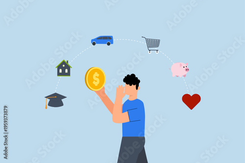 Budget planning, businessman with coins considers financial planning with expense divisions