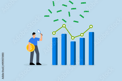 Financial market, businessman investor grasping currency coin examines financial diagram and chart